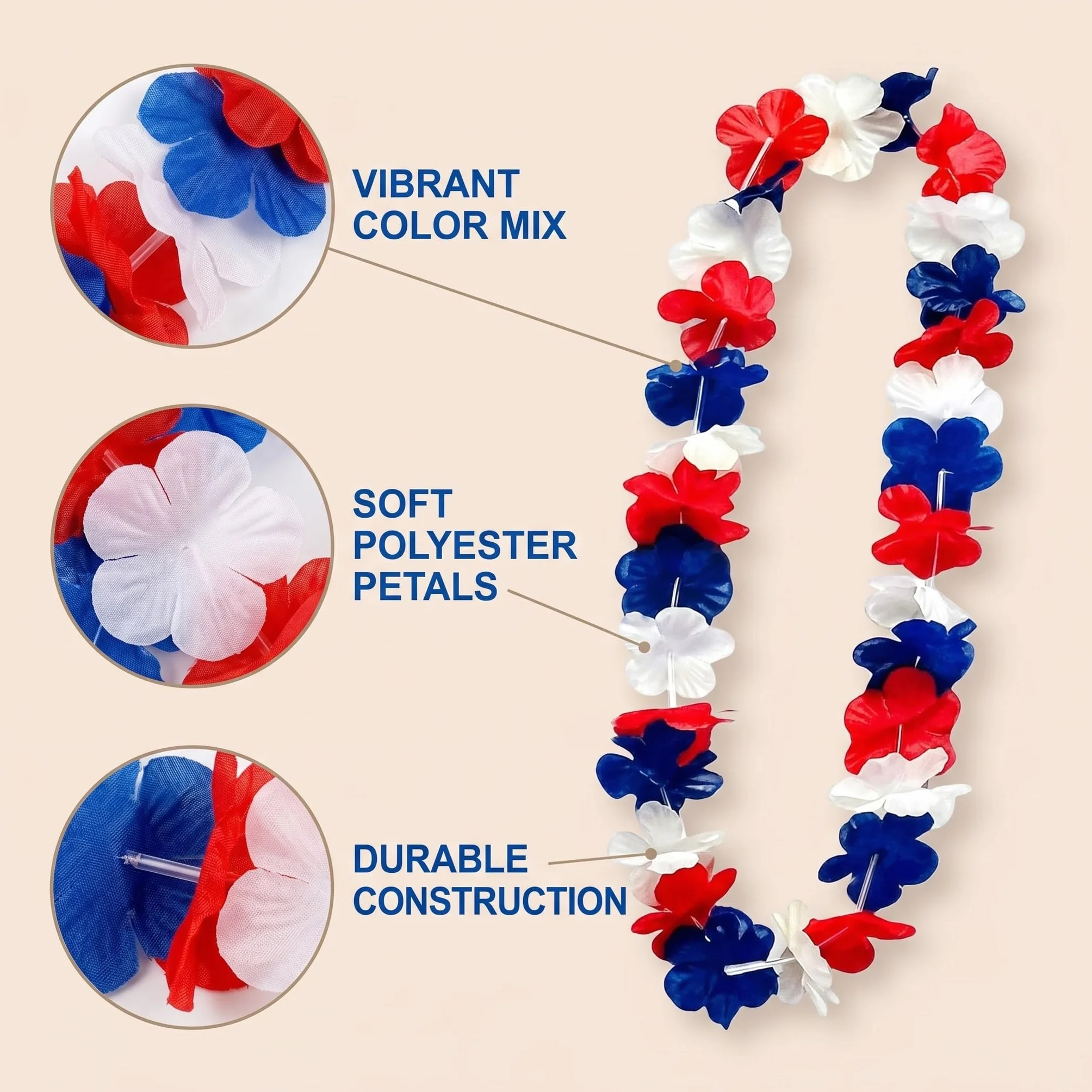 Colliers Hawaïens Bleu Blanc Rouge 96cm Lot de 6 Polyester pour Matchs de Football France