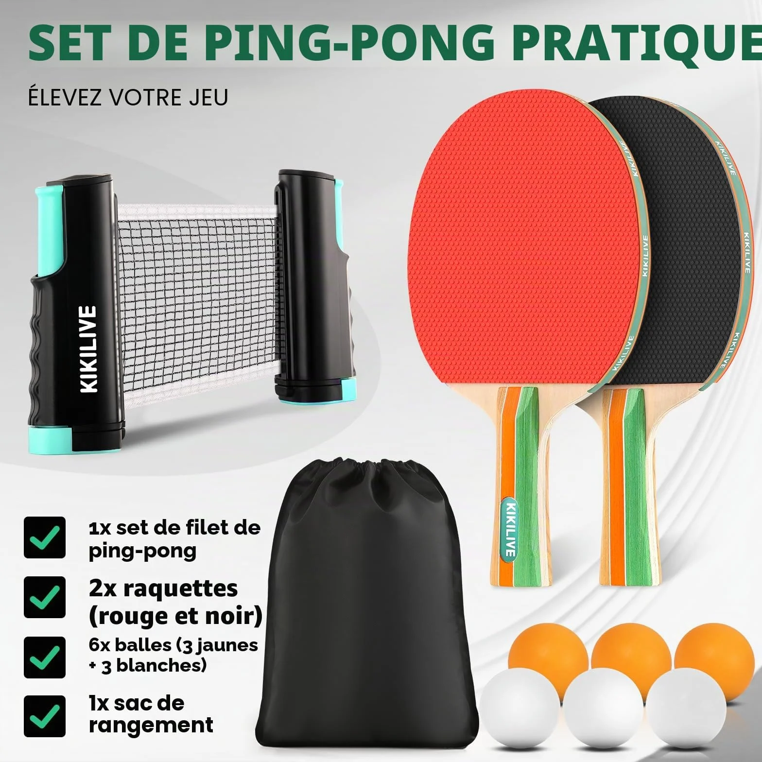 Set de Tennis de Table Portable avec Filet Extensible, 2 Raquettes, 6 Balles et Sac de Transport