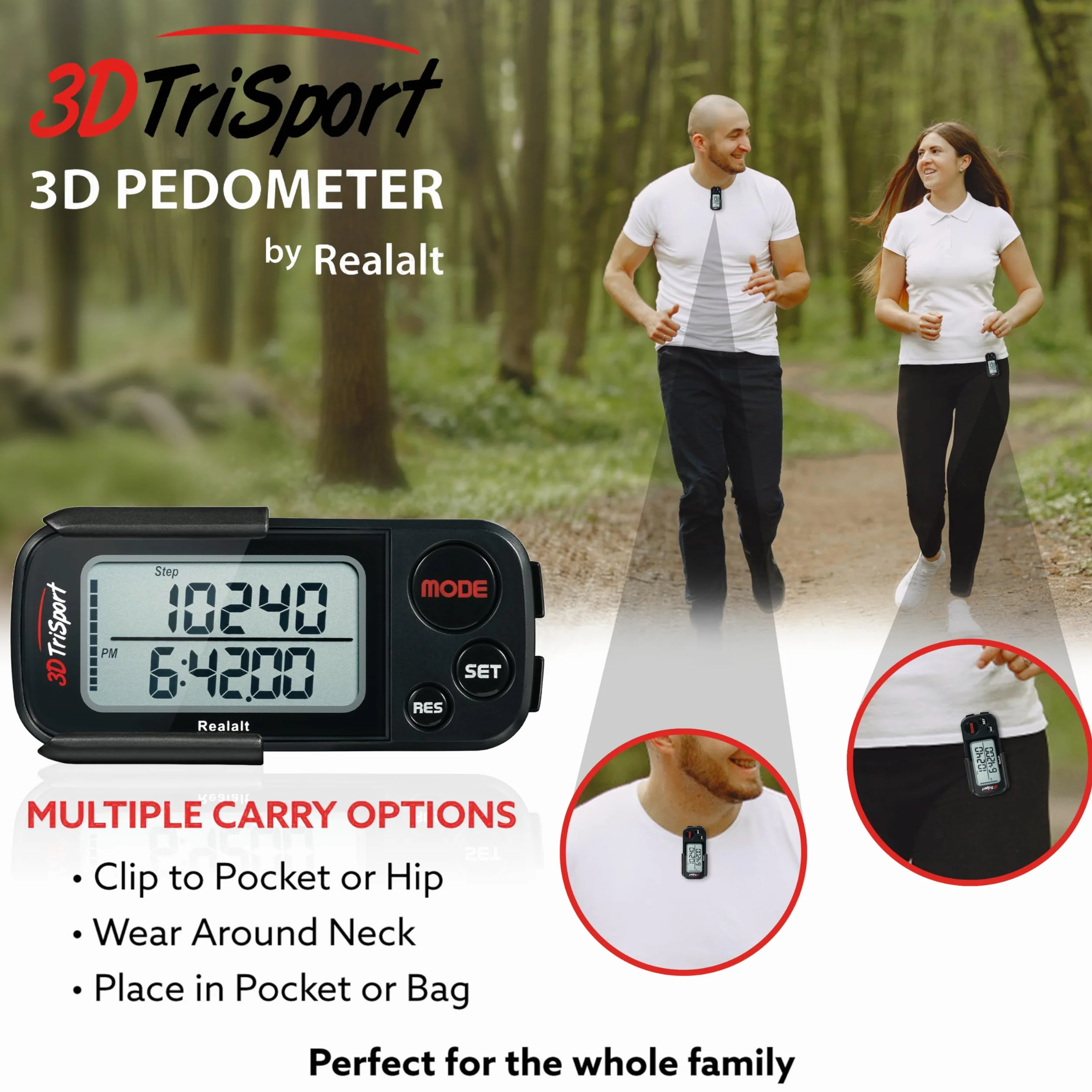 Realalt 3DTriSport Podomètre avec Clip, Mémoire 30 Jours, Compteur de Pas Précis, Distance Miles/km, Calories, Suivi Temps Exercice