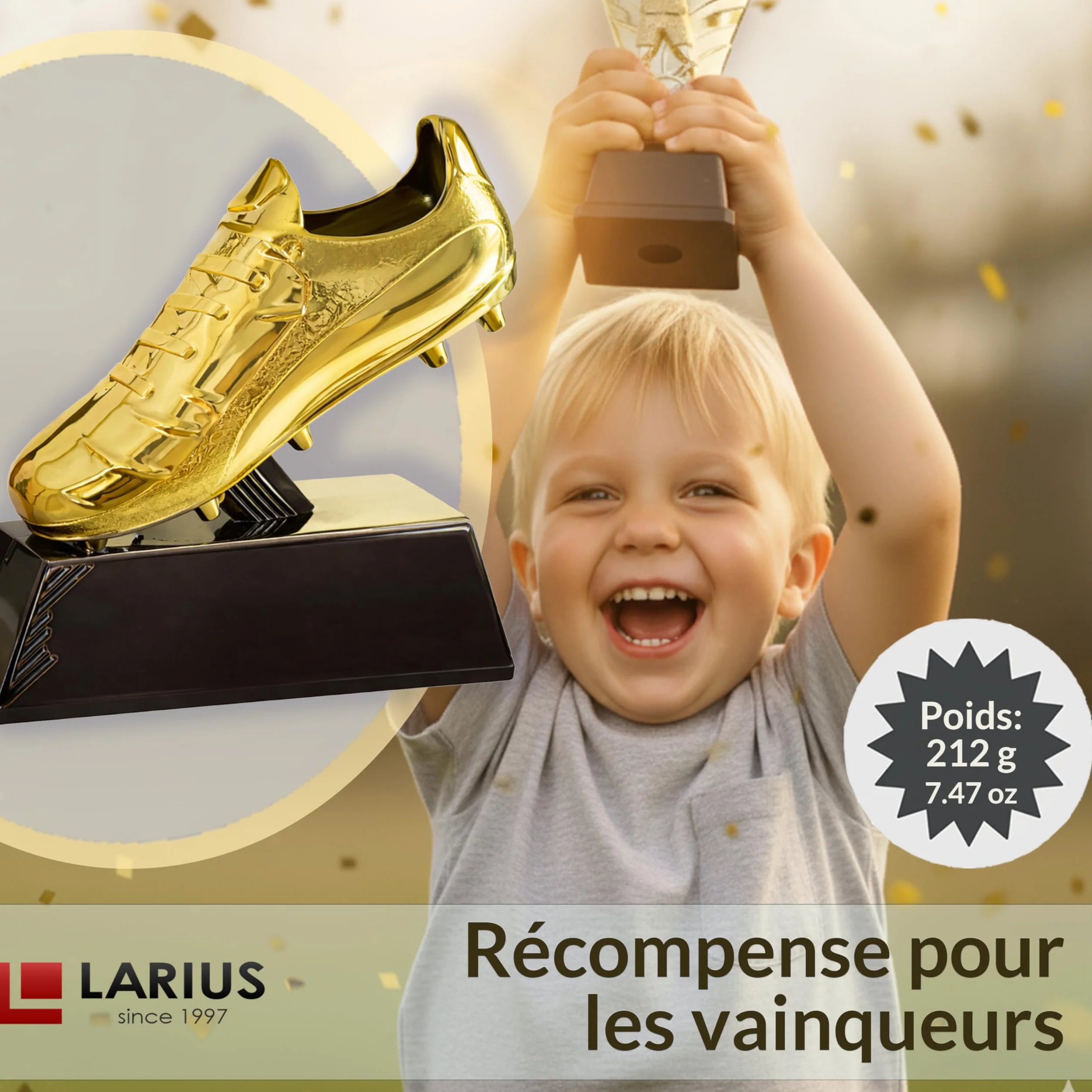 Larius Trophée de football dorée 13,5 cm 212 g avec gravure en option Coupe gagnante pour tournois MVP Goalkeeper King S2