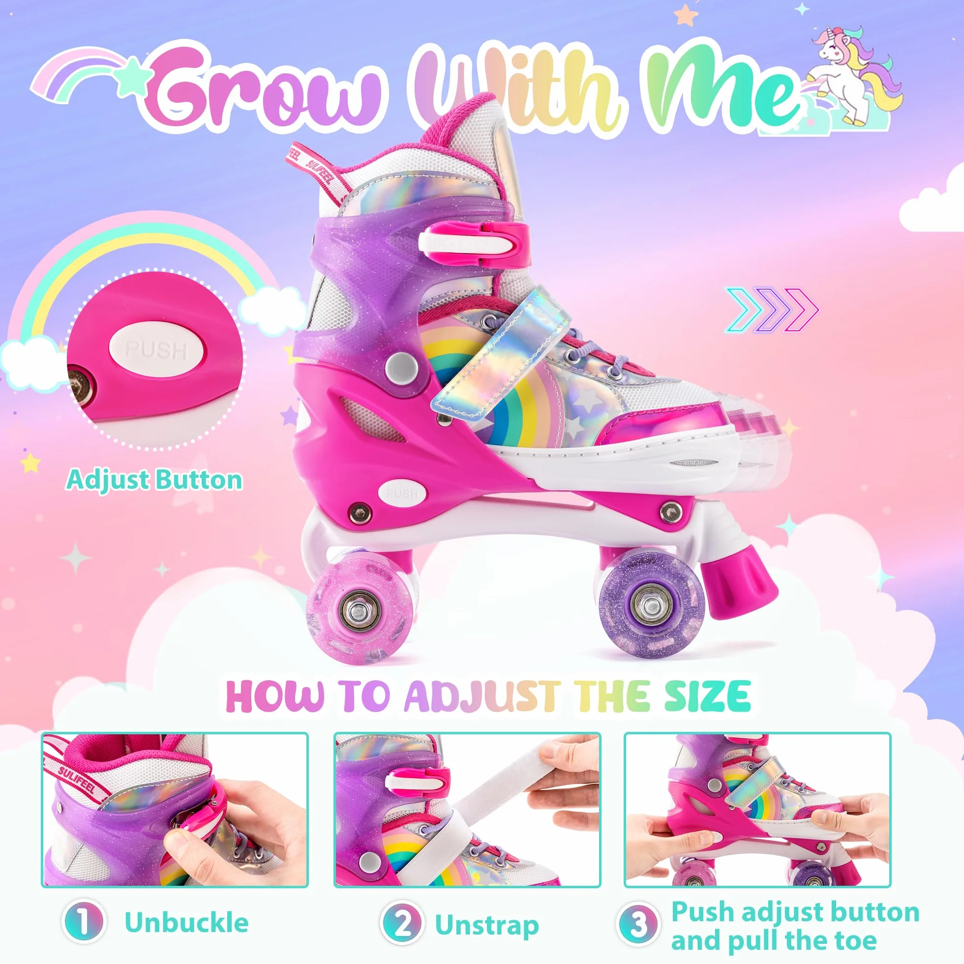 SULIFEEL Rainbow Unicorn Roller Skates Patins à roulettes Réglable Roues LED, Rollers Quad Enfants Femmes