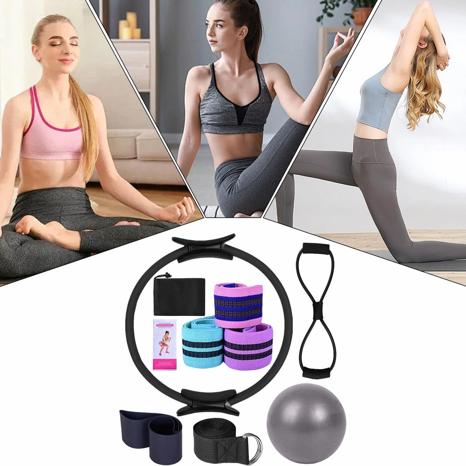 Pilates Anneau Kit avec Ceinture Extensible Accessoires d'Entraînement Multifonctionnel pour Femmes
