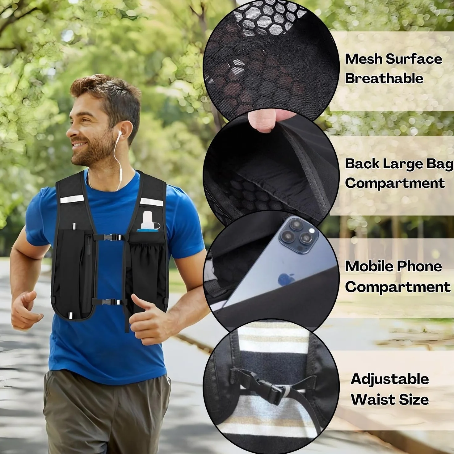 Gilet de course homme femme hydratation 500ml réfléchissant support téléphone portable randonnée cyclisme