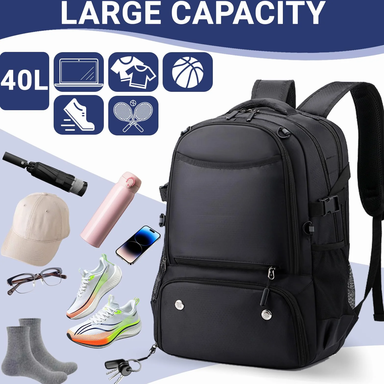 Sac à dos de basket-ball 40L avec compartiment pour ballon et chaussures, léger et respirant