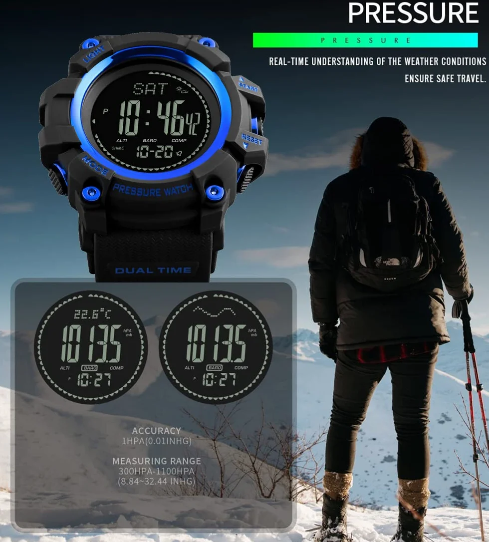 Montre Sport LED Plastique Caoutchouc Multifonctionnelle Boussole Podomètre Altimètre Baromètre Thermomètre