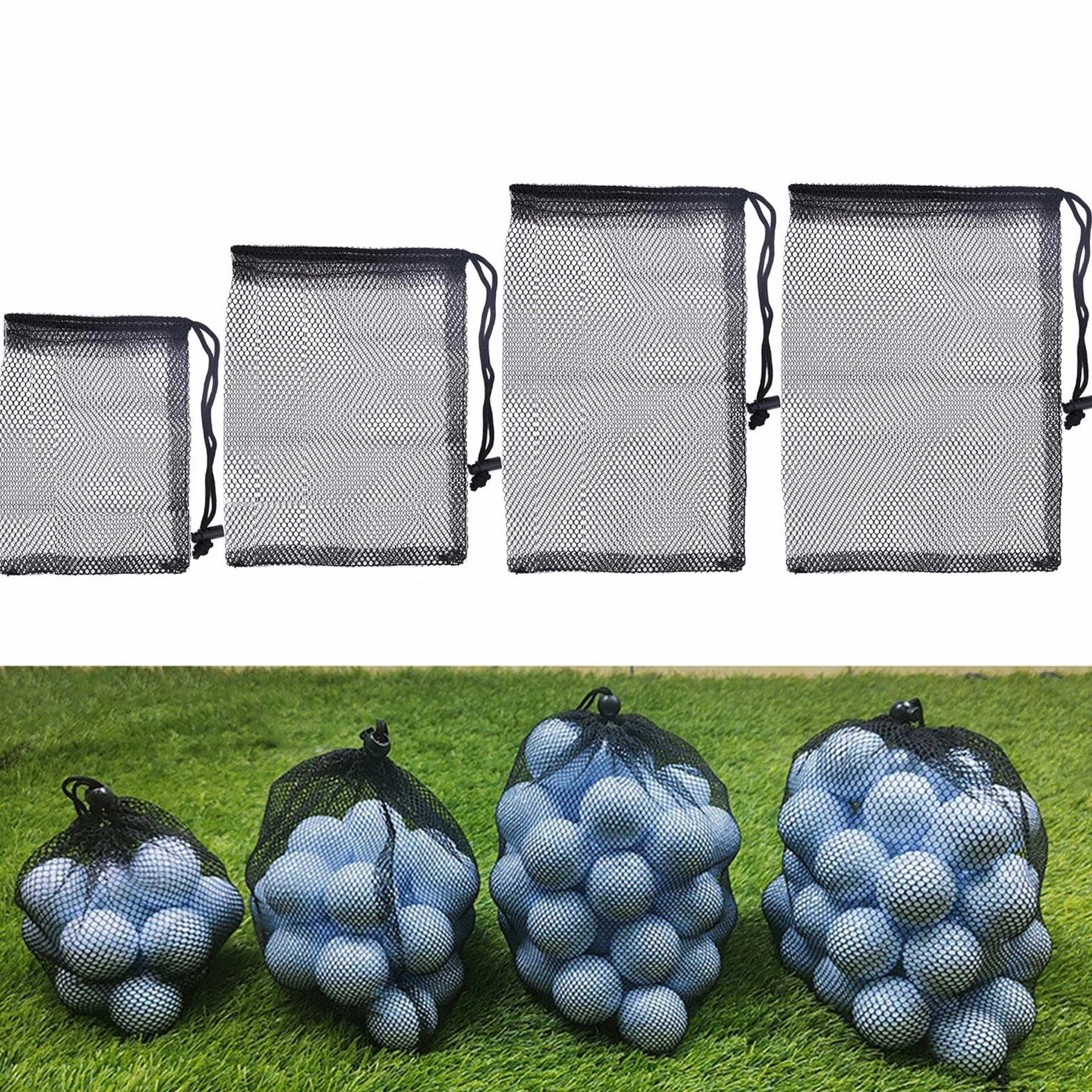 Sac de balle de golf noir en maille nylon solide et légère avec cordon de serrage