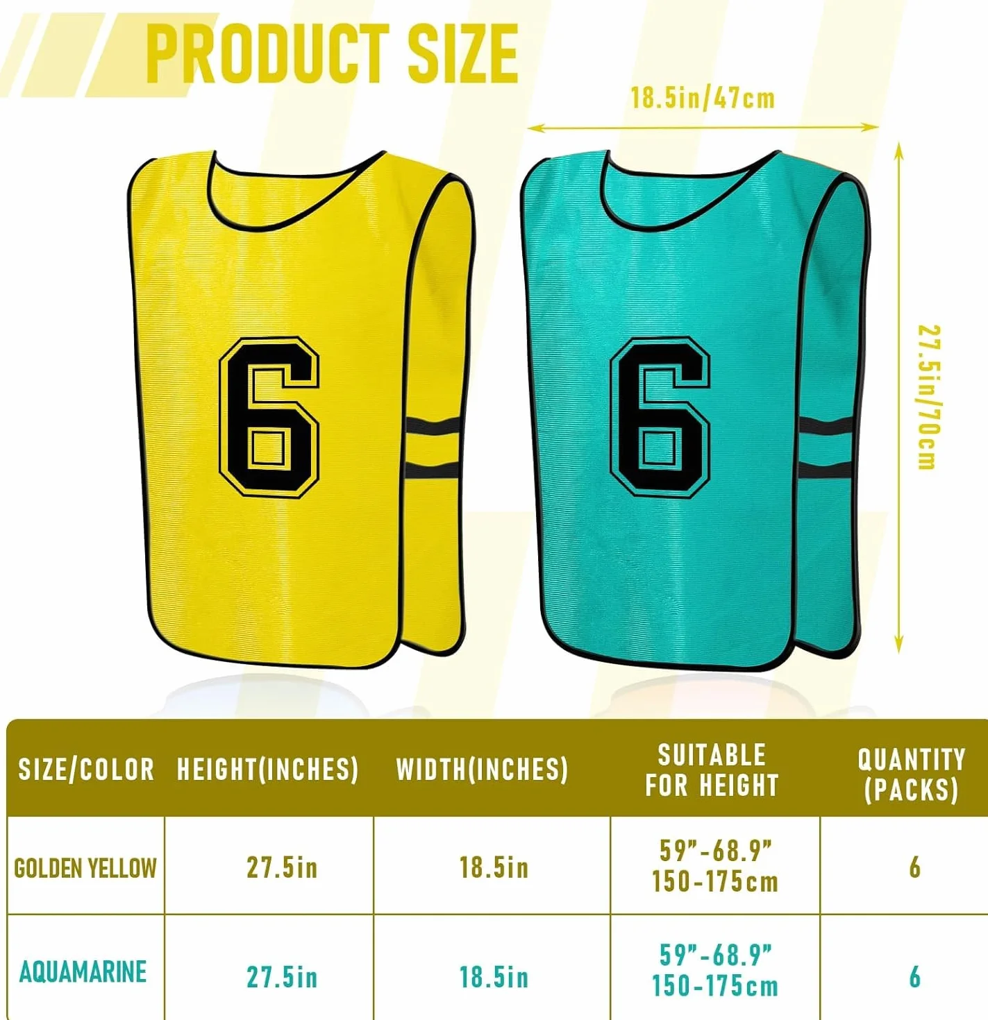Lot de 24 gilets d'entraînement de football pour jeunes adultes, Jaune, Vert, 47x70cm