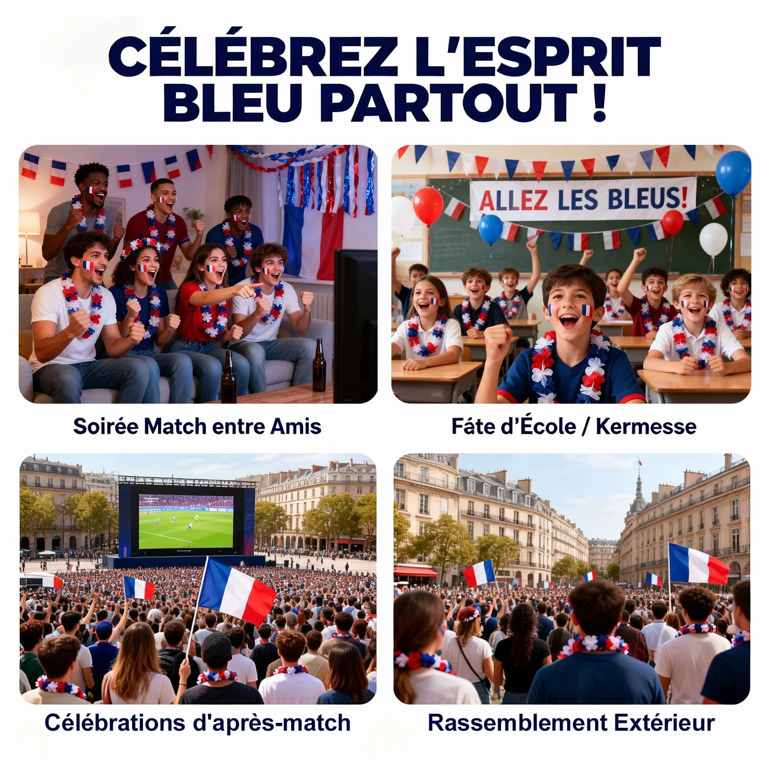Kit Supporter Equipe de France, Collier Fleurs Bleu Blanc Rouge, Accessoires Tricolore pour Coupe du Monde 2026 Euro