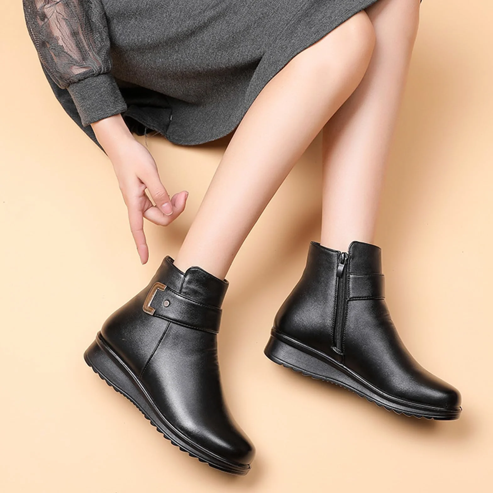 Bottes orthopédiques en cuir véritable femme chaudes antidérapantes velours hiver