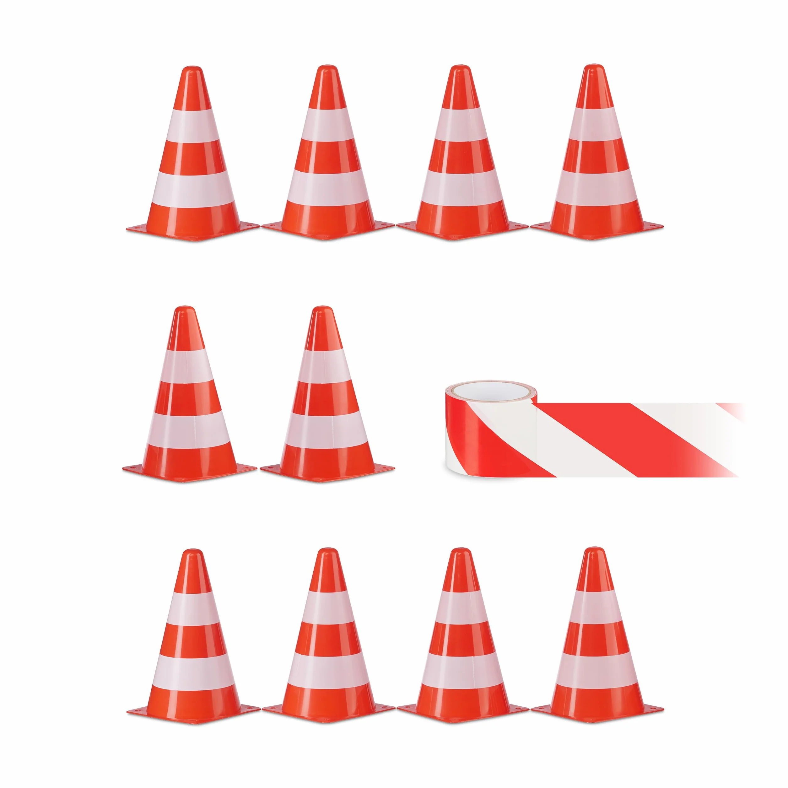 Relaxdays 10x cônes de signalisation, Plot, Sac, Ruban 50 mètres, Hauteur 22,5 cm, Orange et Blanc