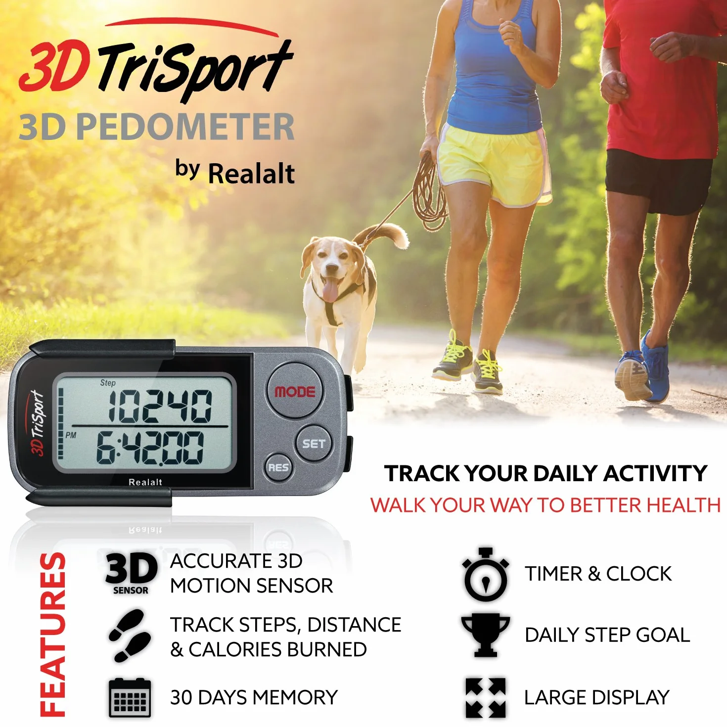 Realalt 3DTriSport 3D Pedometer, Accurate Step Counter with Clip and Strap