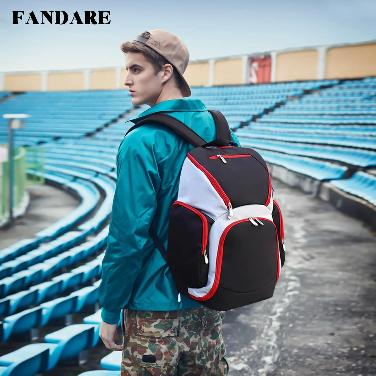 FANDARE Sac à Dos de Basket-Ball Grand Sac de Foot Sacs à Dos Cartables Noir Rouge