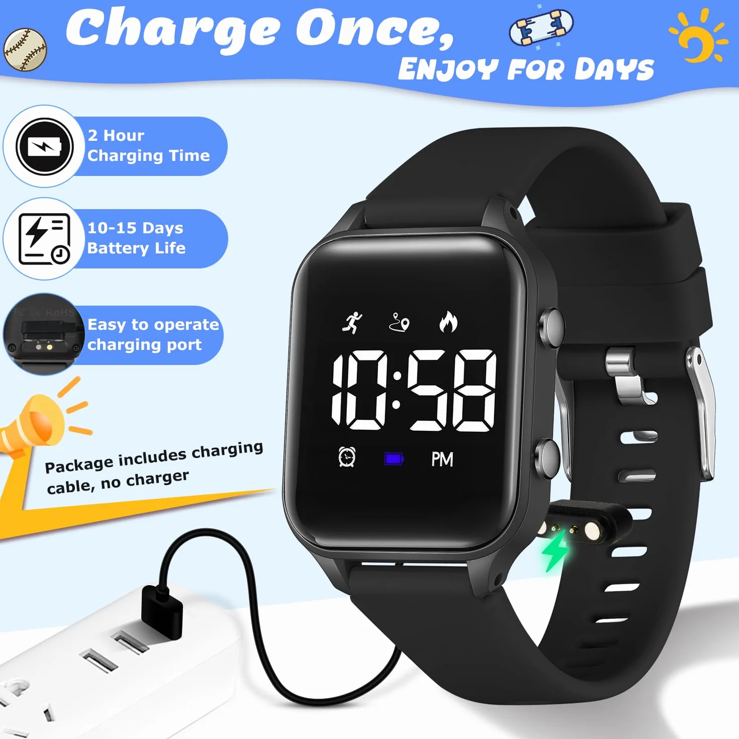 Caprock Montre Numérique LED Podomètre Enfants étanche 50 ATM Digitale avec Distance Vibration Double réveil Chronomètre