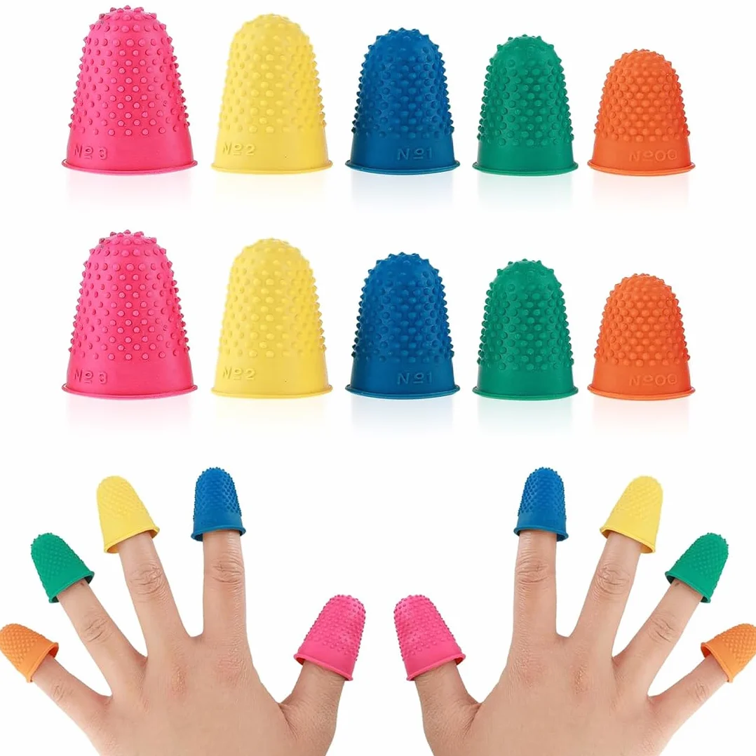 Doigtiers en Caoutchouc, Bout de Doigt Silicone, Protège-Doigts en Caoutchouc, Coussins de Doigts en Silicone, 10 Pièces, 5 Couleurs, 5 Tailles