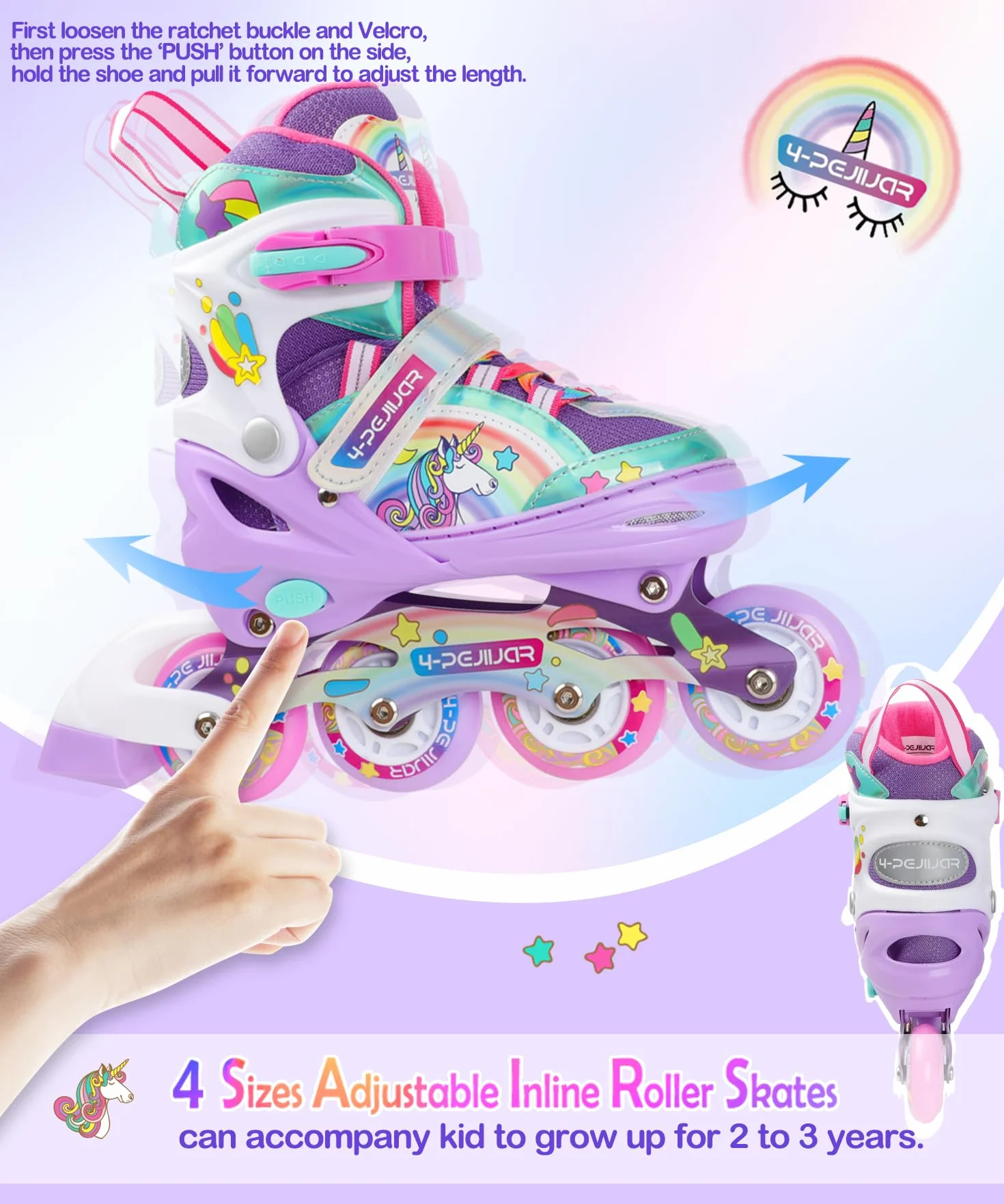 Licorne Rollers Enfant Roues Lumineux Patins à Roulettes Alignées Taille Ajustable Quad Filles Débutants