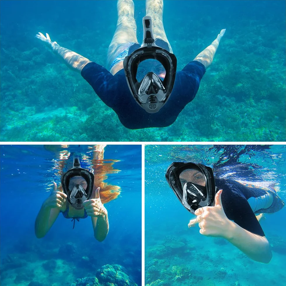 Masque de Plongée Intégral Adulte Vue Panoramique 180° Anti-buée Anti-Fuite Tuba Pliable Support Caméra