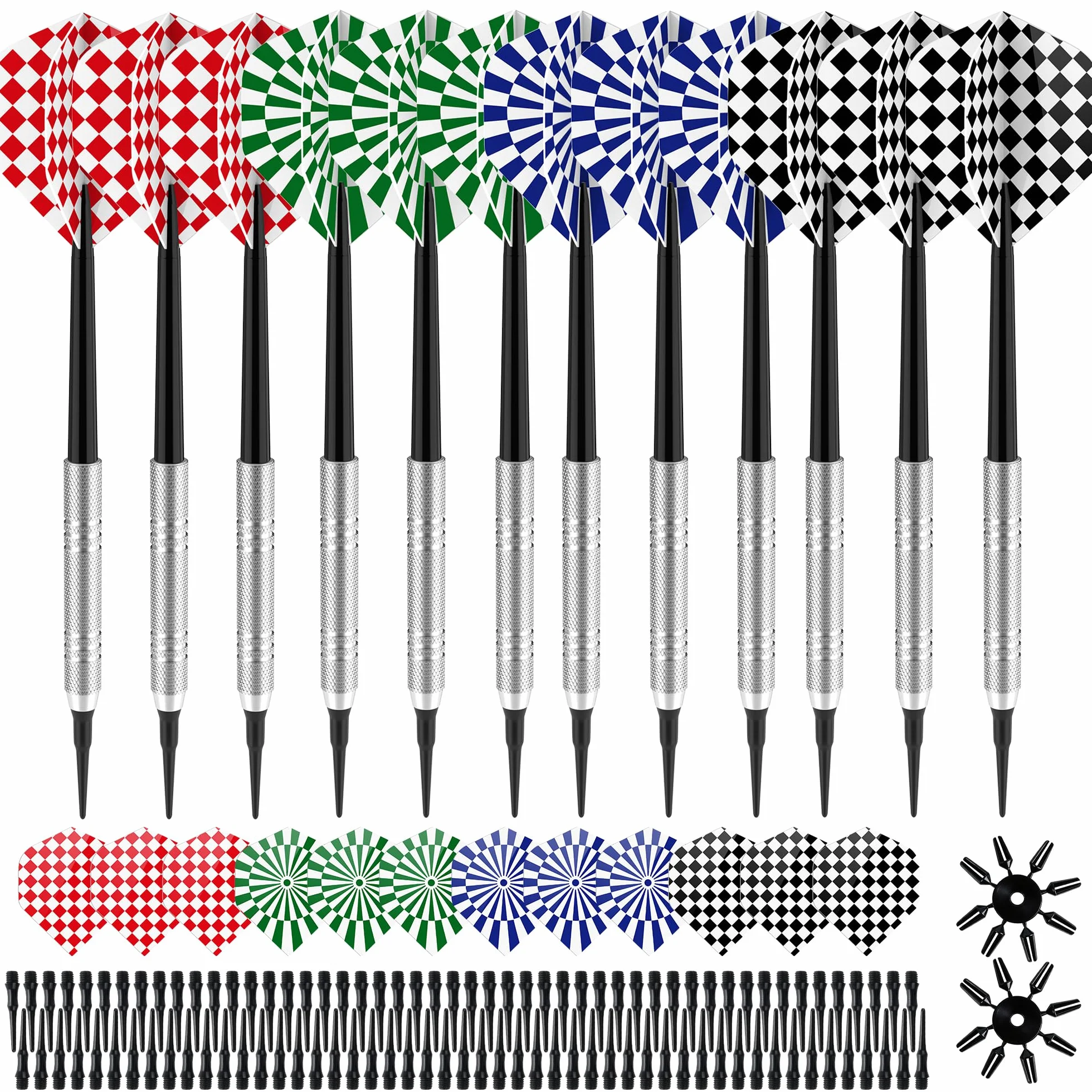 Elalove 12 Fléchettes à Pointe Plastique 14g avec 100 Embouts et 24 Ailettes - Set Professionnel pour Cibles Électroniques