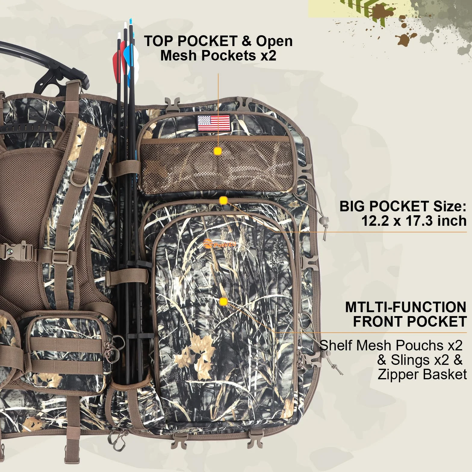 Sac à dos de chasse homme avec porte-arc, sac de chasse en selle et sac de sport