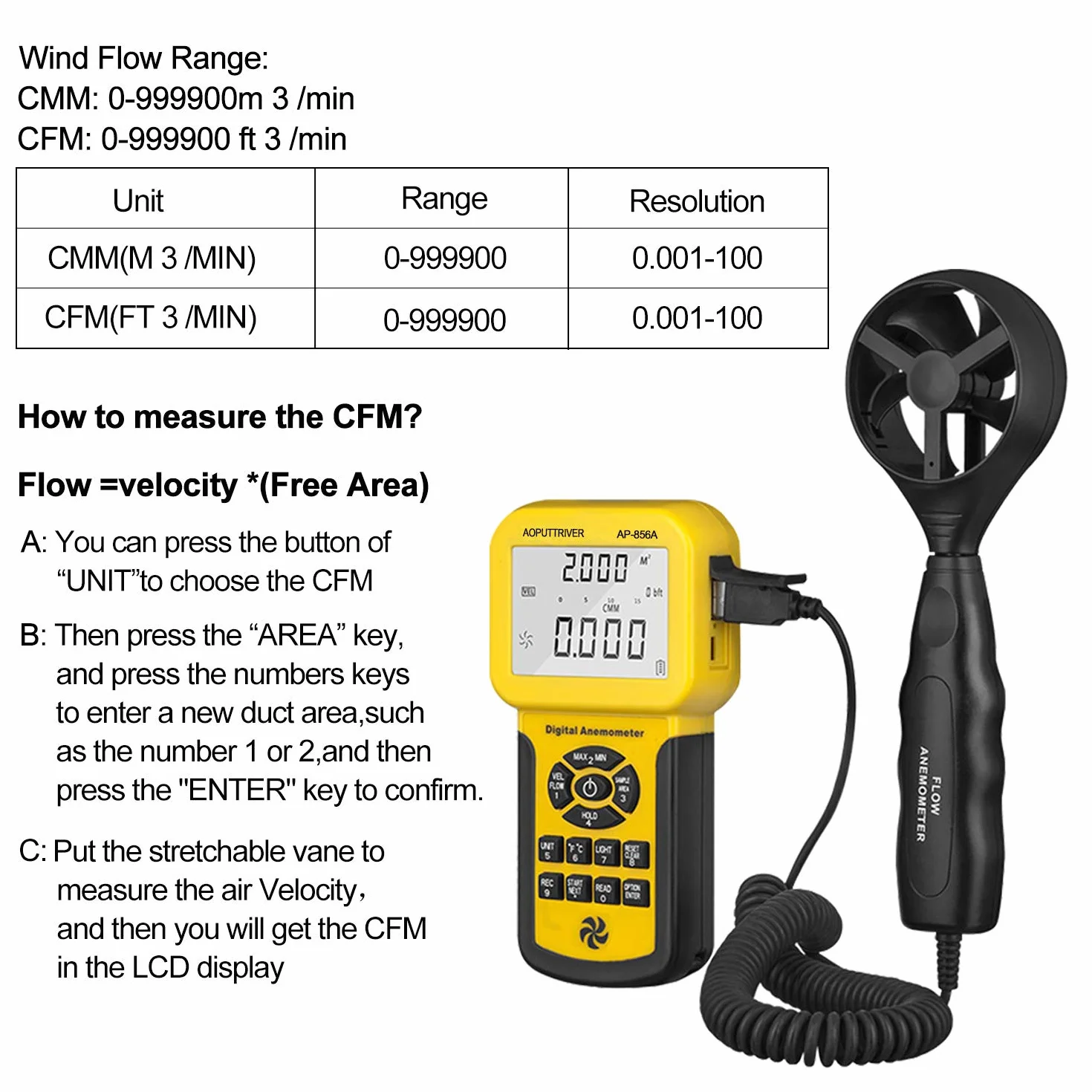 Anémomètre Numérique AP-826A avec Rétroéclairage LCD Mesure Vitesse Air Débit Température