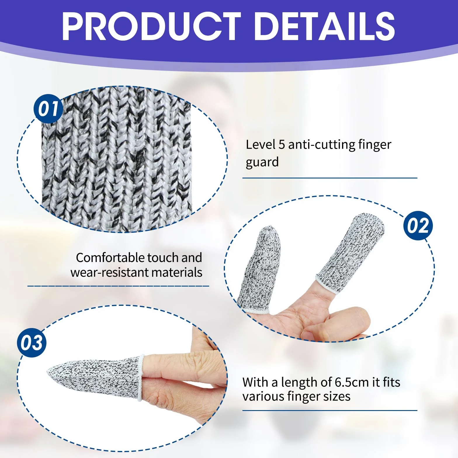 Protège-Doigts Anti-Coupure Réutilisable, 18 Pièces Doigtier Respirant Résistant Antidérapant pour Jardin Cuisine DIY (Noir, Bleu, Gris)