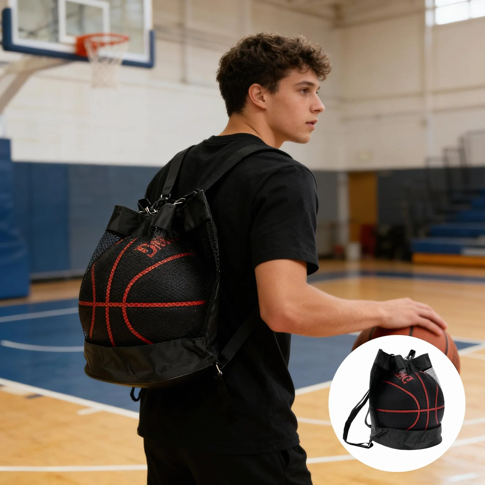 Lot de 2 sacs de basket-ball - Sac de ballon avec cordon de serrage - Sac en filet portable grande capacité