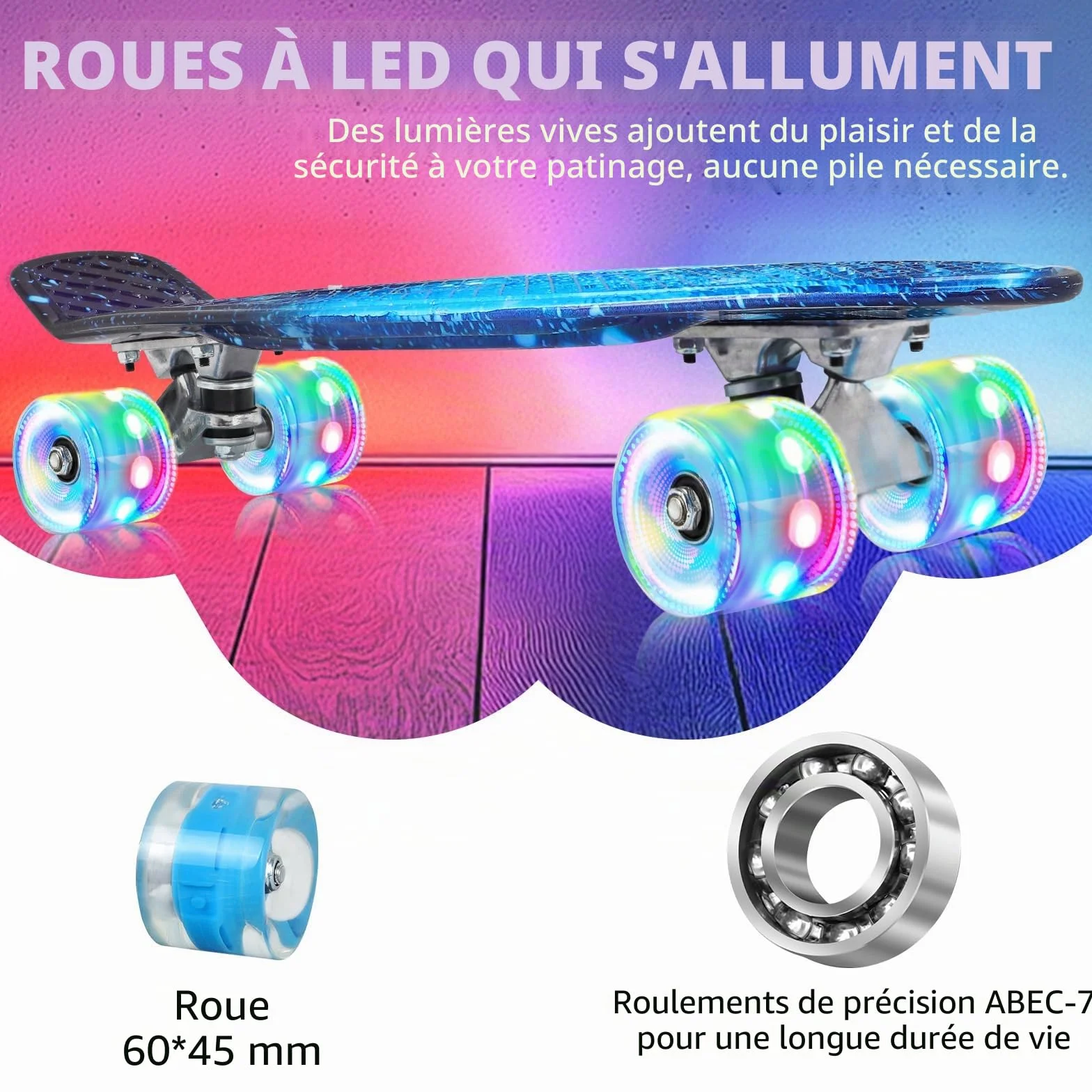 BELEEV Mini Cruiser Skateboard Complet 56cm Roues Lumineuses LED Enfants Adolescents Adultes
