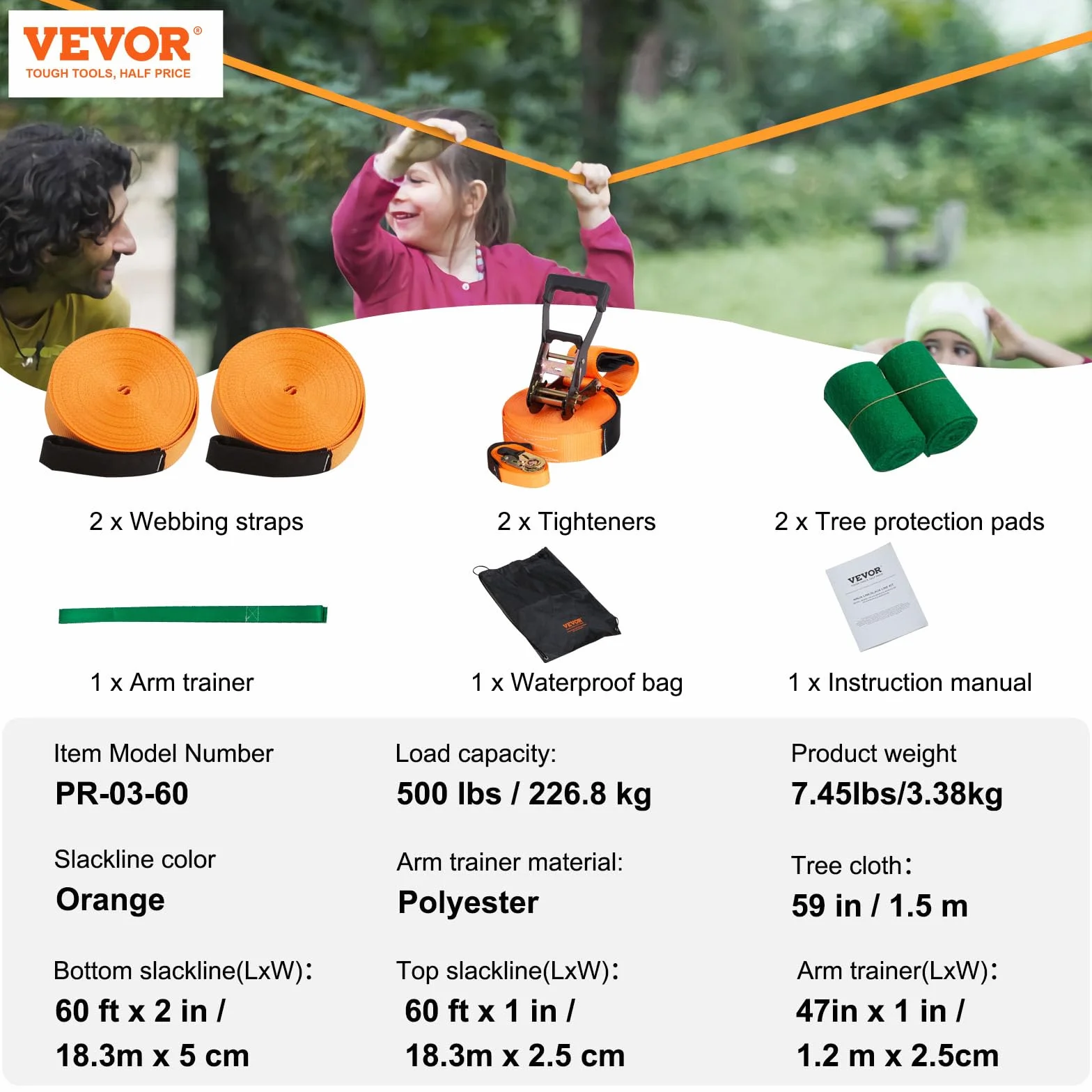 VEVOR Slackline 18,3 m Sangle d'Équilibre 226,8 kg Jeu Complet avec Protecteur d'Arbres