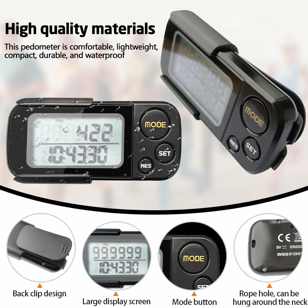 Podomètre Numérique 3D Portable avec Clip et Lanière, Compteur de Pas Distance Calories Horloge, Noir