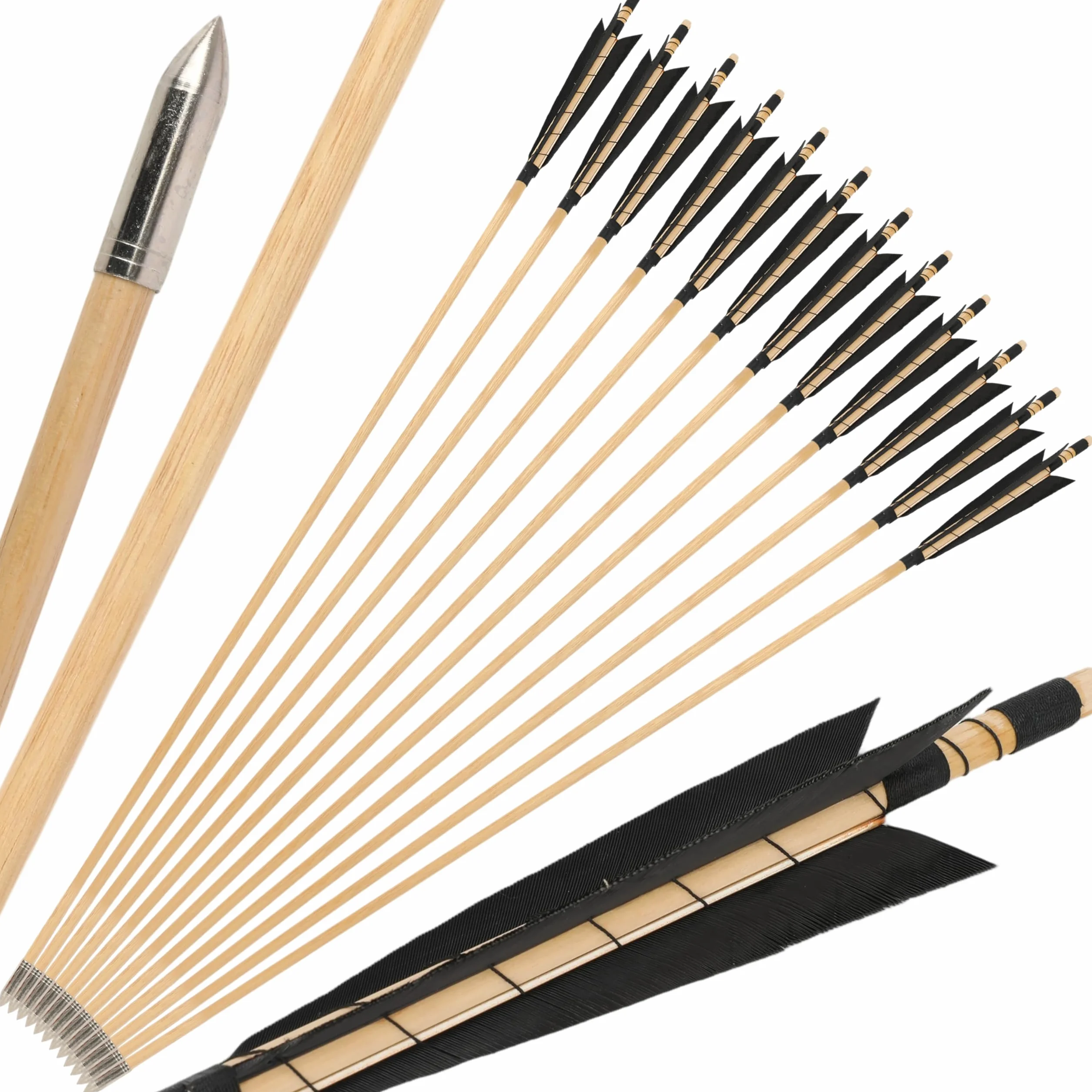 Flèches en Bois de 32 Pouces pour Tir à l'Arc Traditionnelles avec Plumes Naturelles