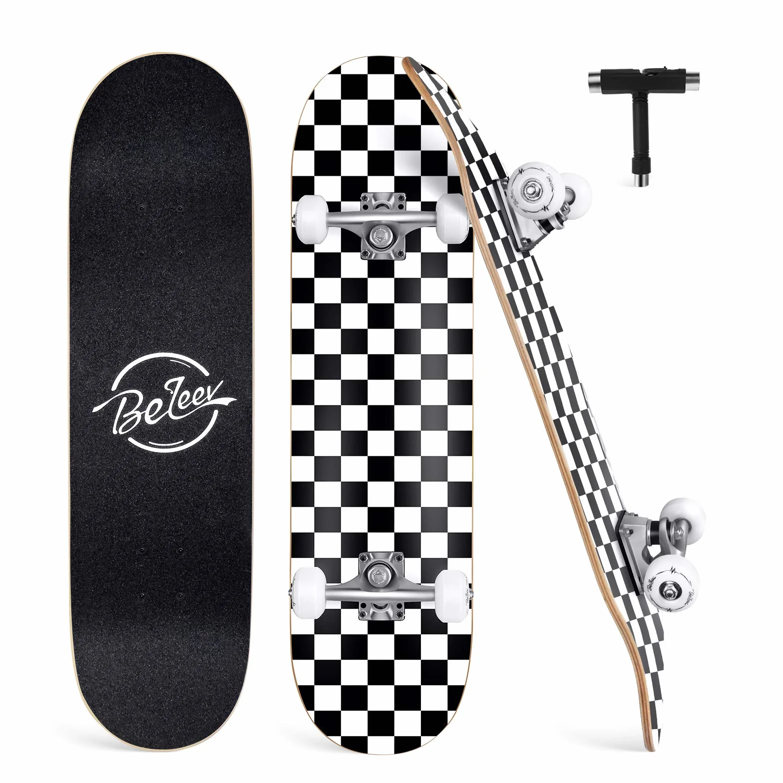 BELEEV Skateboard 31x8 Complet Cruiser Débutants Enfants Adulte Érable Canadien 7 Couches Double Plateau Concave Outil en T
