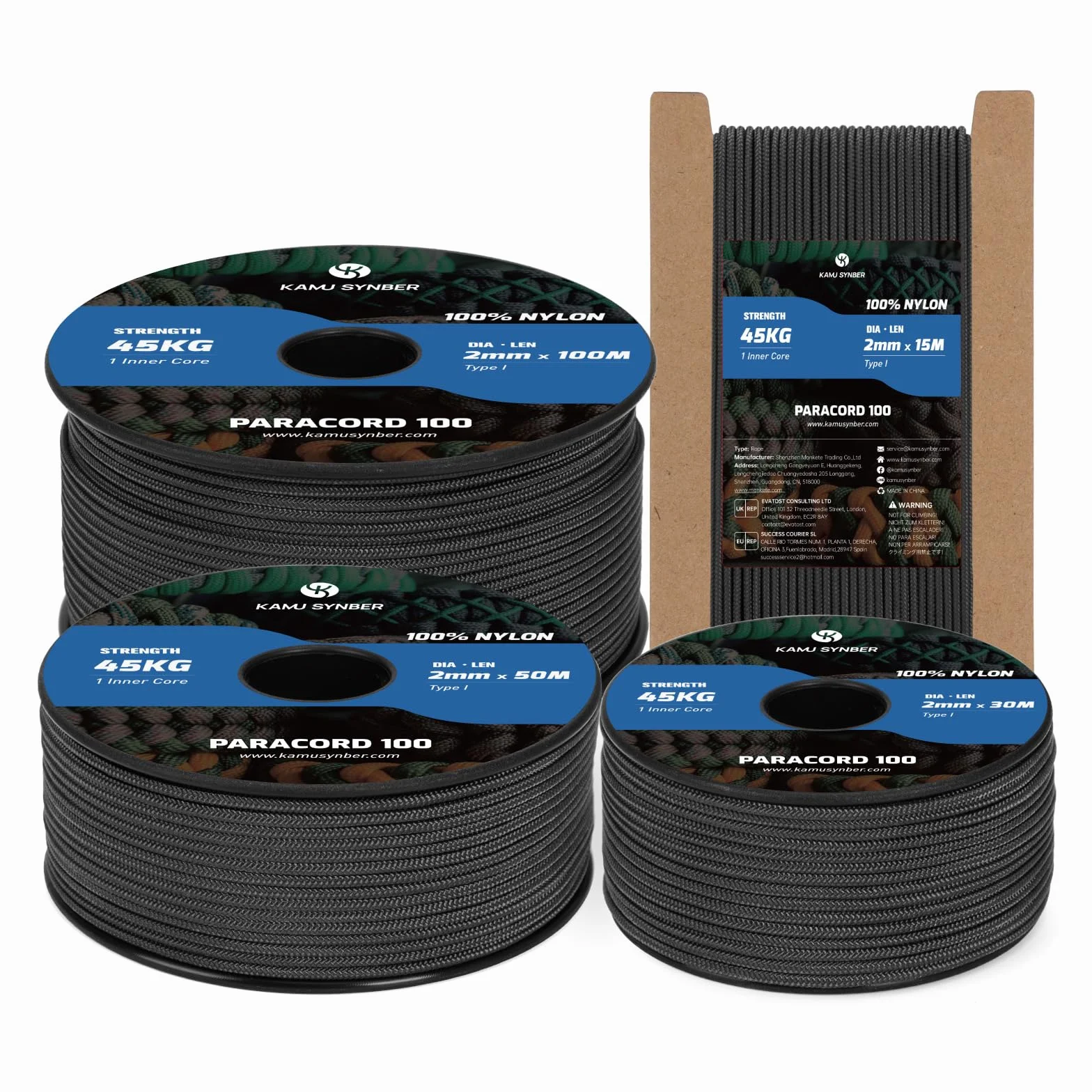 Paracorde 15M 2mm 100% Nylon Type I Corde Parachute Noir 250kg