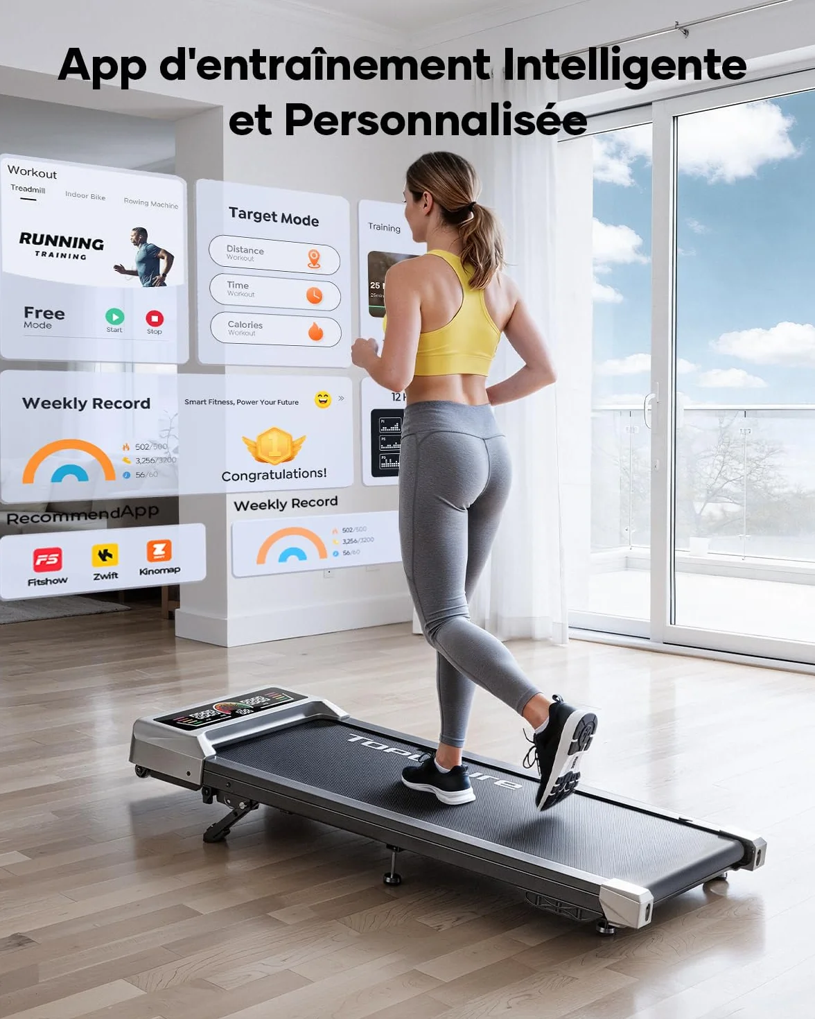 Tapis de Course électrique 2 en 1, 3.0 HP, Pente 0-5-10%, Vitesse 1-10 km/h, Compact sous Bureau