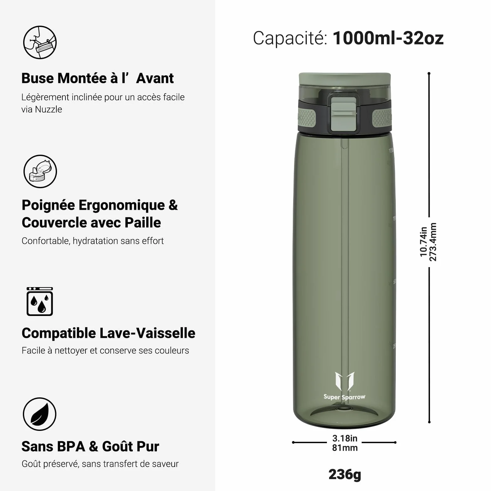Super Sparrow TouchSip Bouteille d'eau Tritan Sans BPA 500ml 750ml 1L