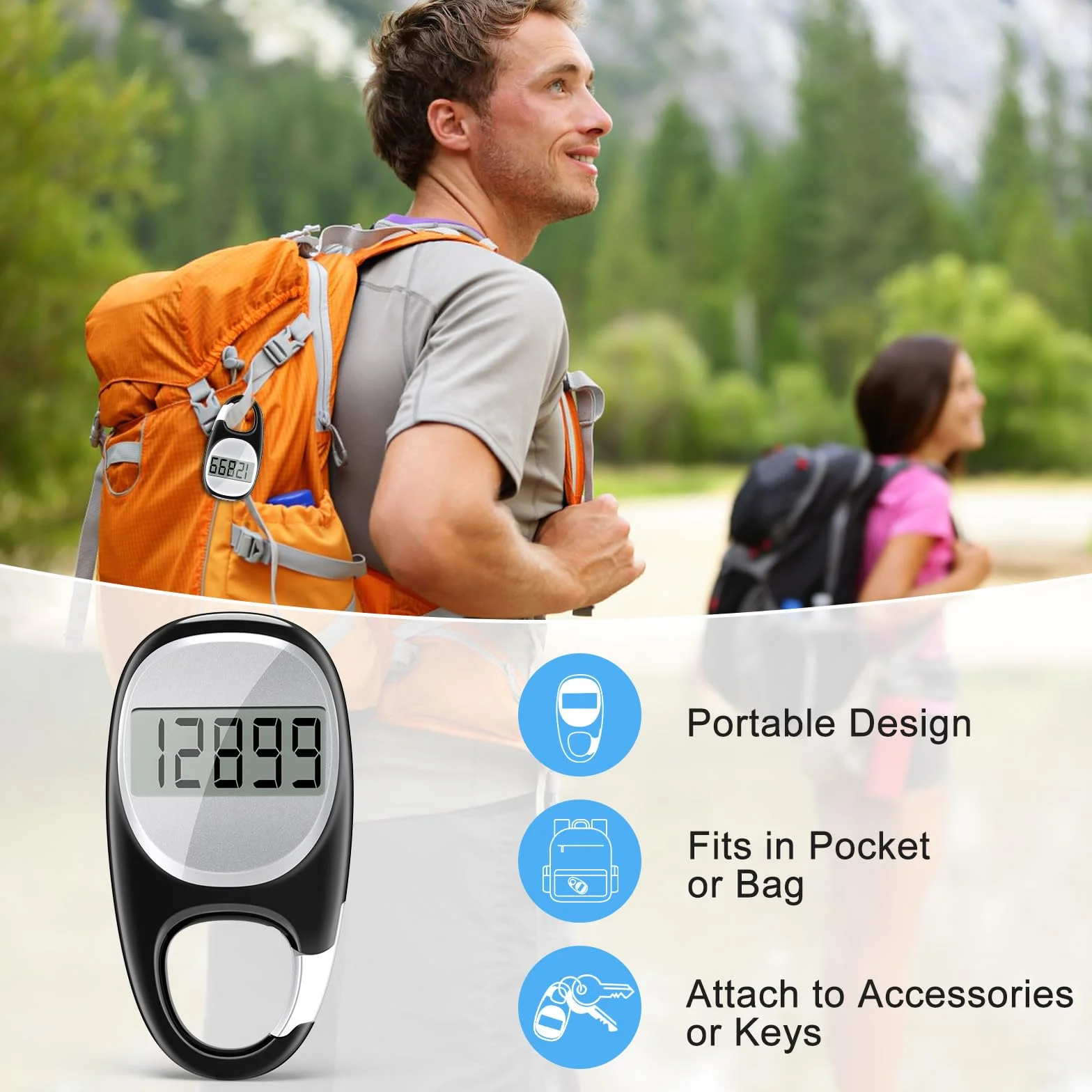 Podomètre simple pour la marche, compteur de pas précis 3D avec mousqueton - Noir