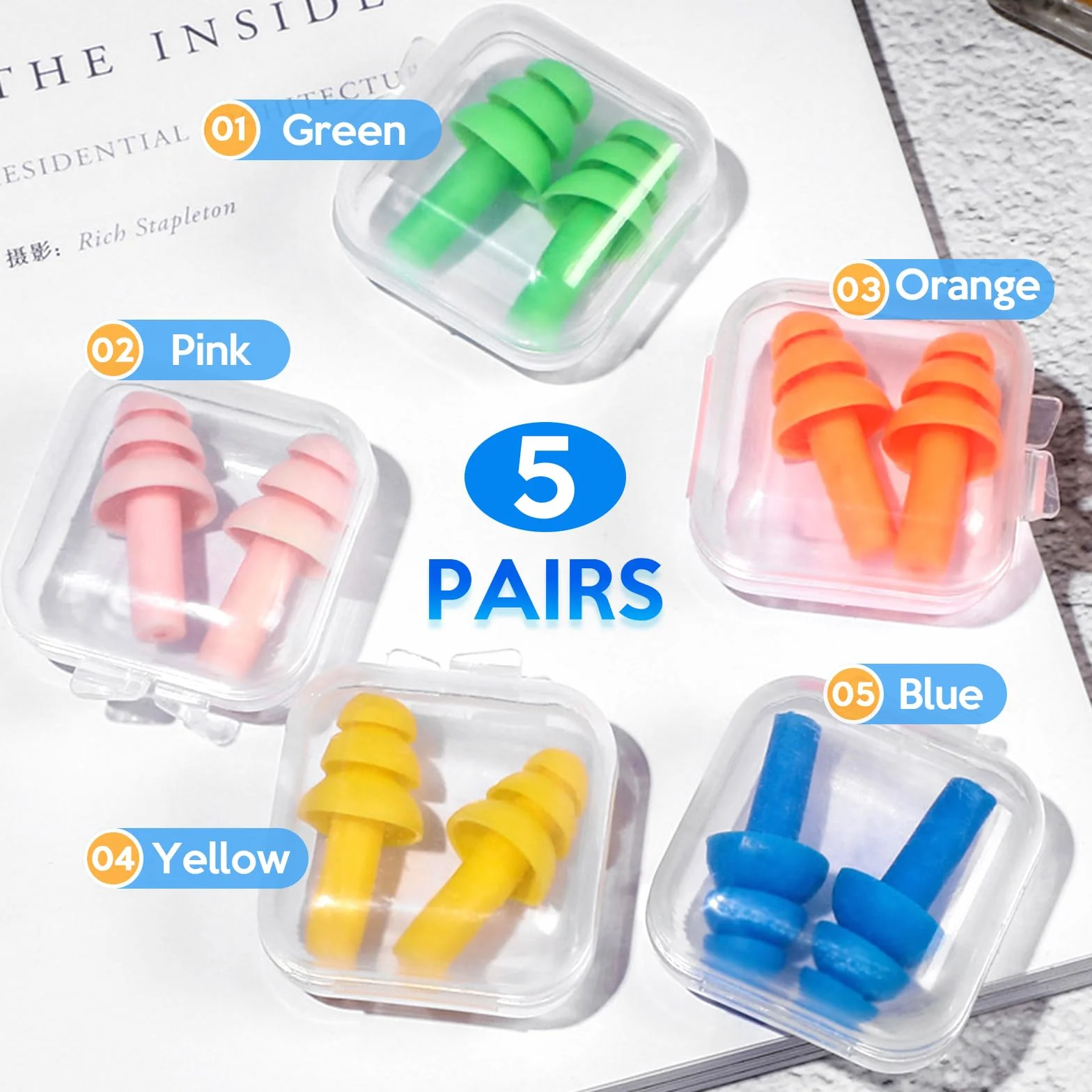 Bouchon D'oreille Réutilisables Anti Bruit 5 Paires pour Sommeil Natation Douche Protection Auditive