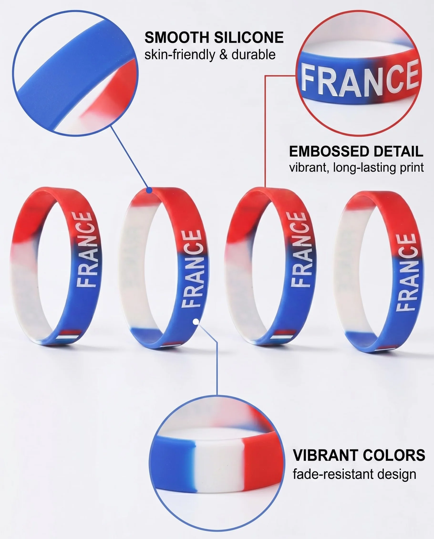 Bracelet Supporter France Lot de 10 Silicone Élastique Bleu Blanc Rouge CDM 2026