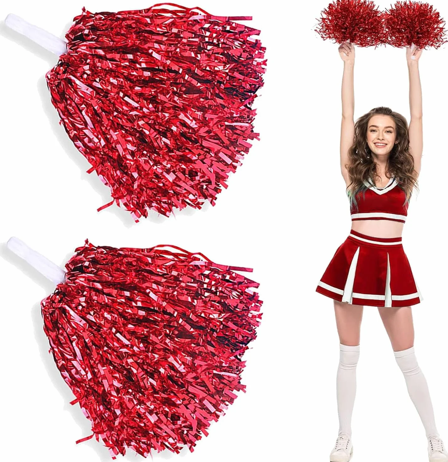 Lot de 2 pompons de pom-pom girl avec poignée rouge pour jeux de ballon, danse, fête