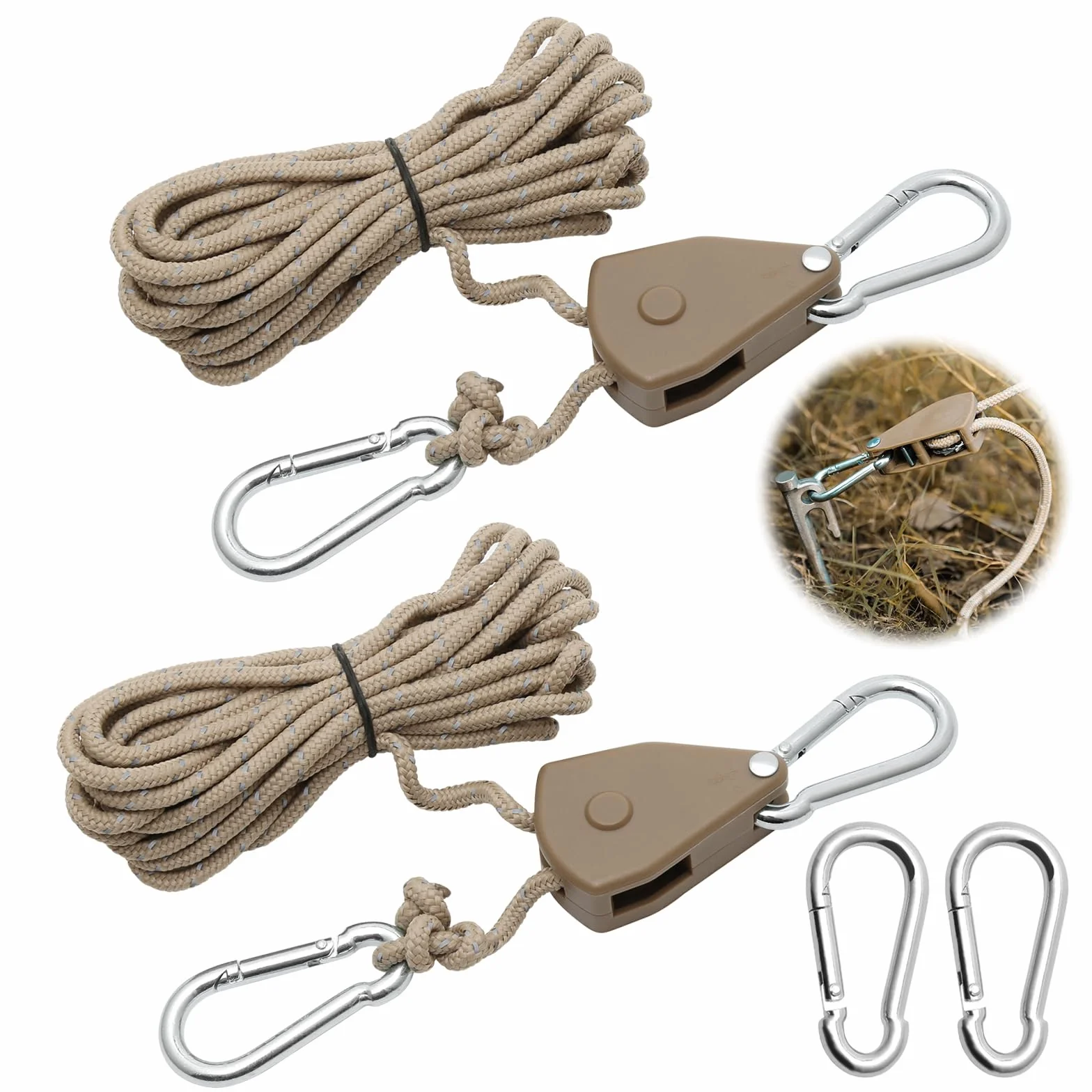 Corde à Cliquet Réglable 4M, Poulie à Cliquet Kaki 1/8, Tendeur avec Crochets pour Tente Randonnée