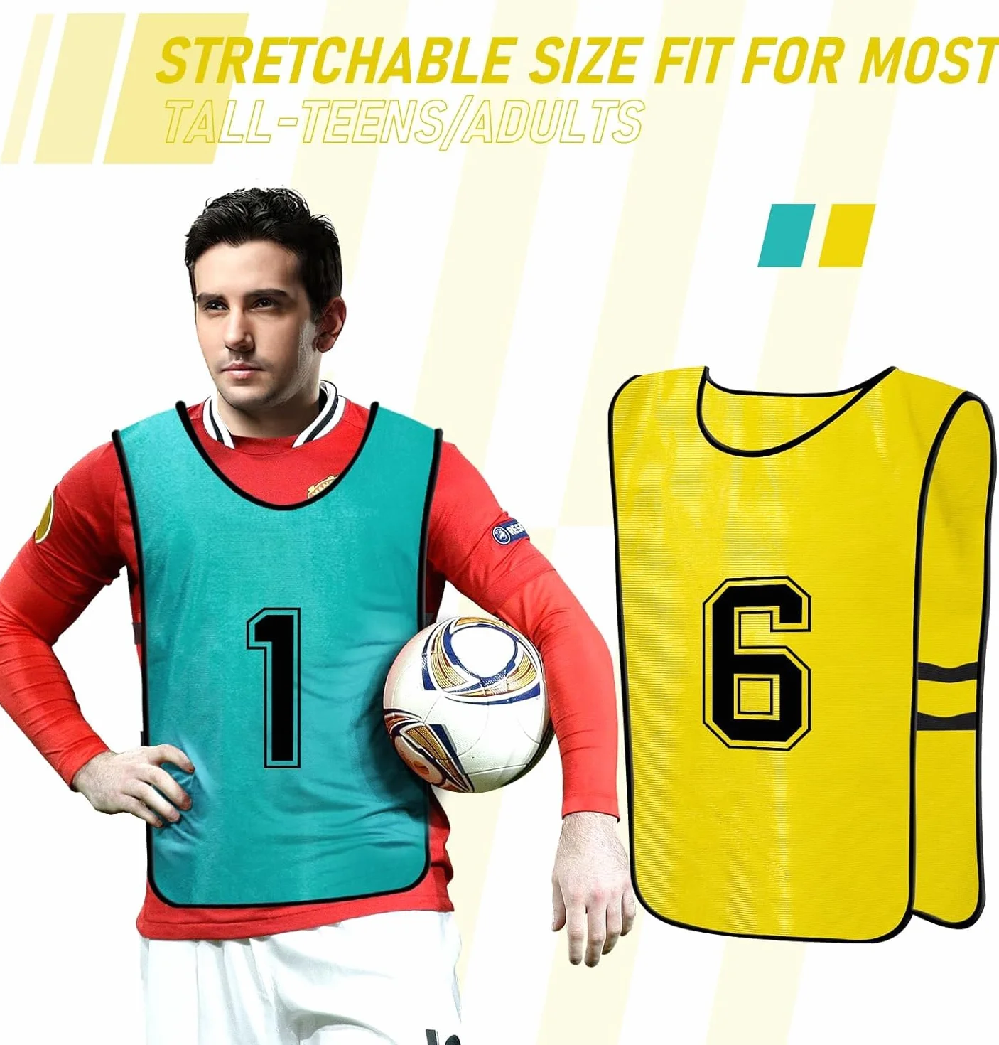 Lot de 24 gilets d'entraînement de football pour jeunes adultes, Jaune, Vert, 47x70cm