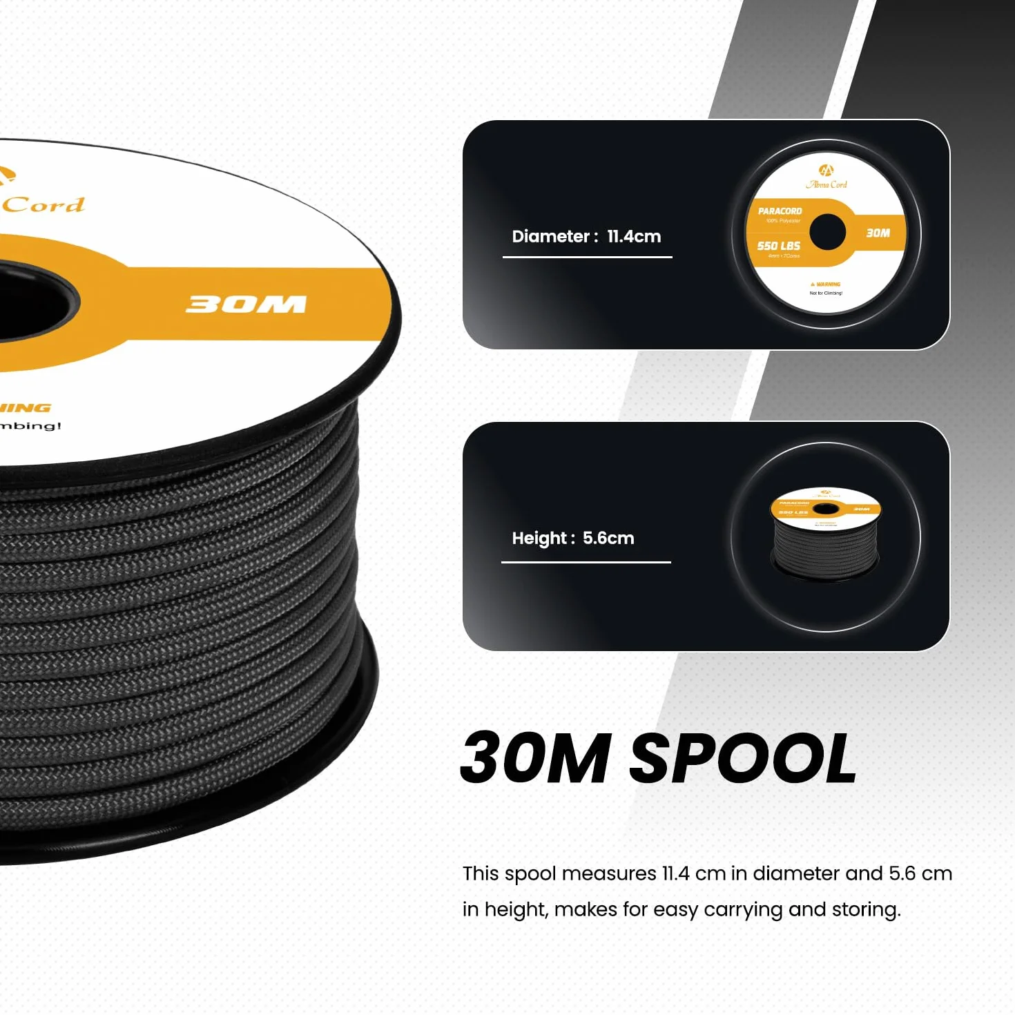 Abma Cord Paracorde 4mm 30m Type 3 550 7 Brins Noir Max 250 kg