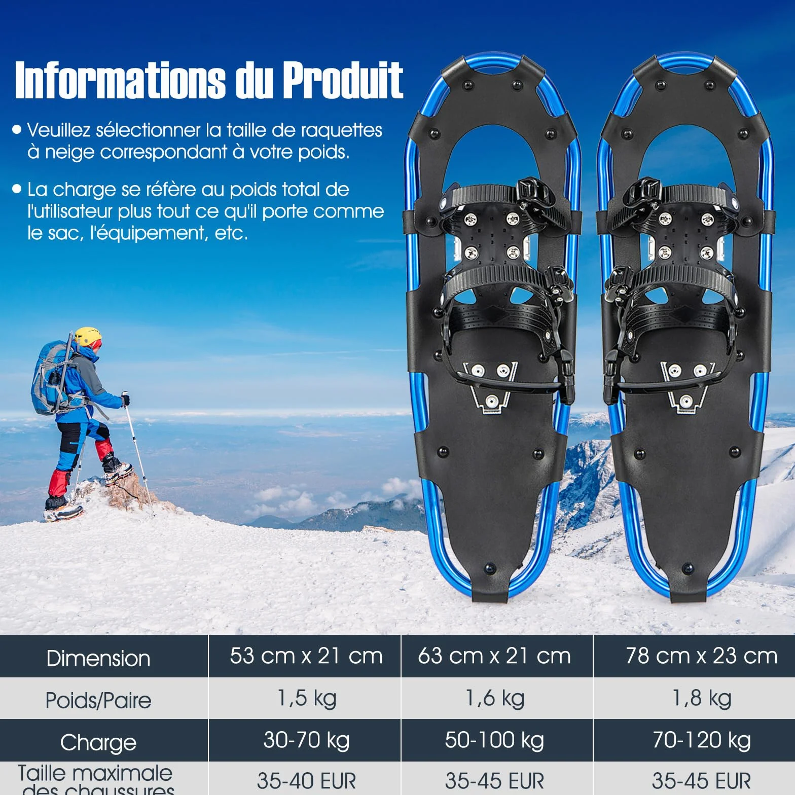 COSTWAY Raquettes à Neige 4 en 1 Aluminium Adultes Pointure 35-45 Charge 30-130kg