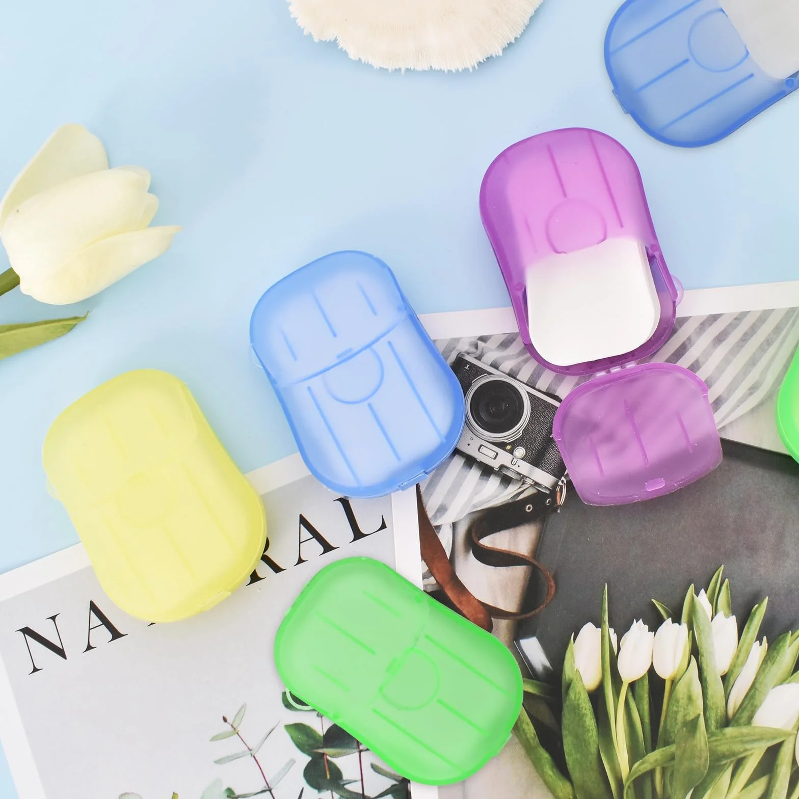 Feuille de Savon 4 Boîtes Portable Savon de Papier avec Boîte en Plastique pour Voyage Camping