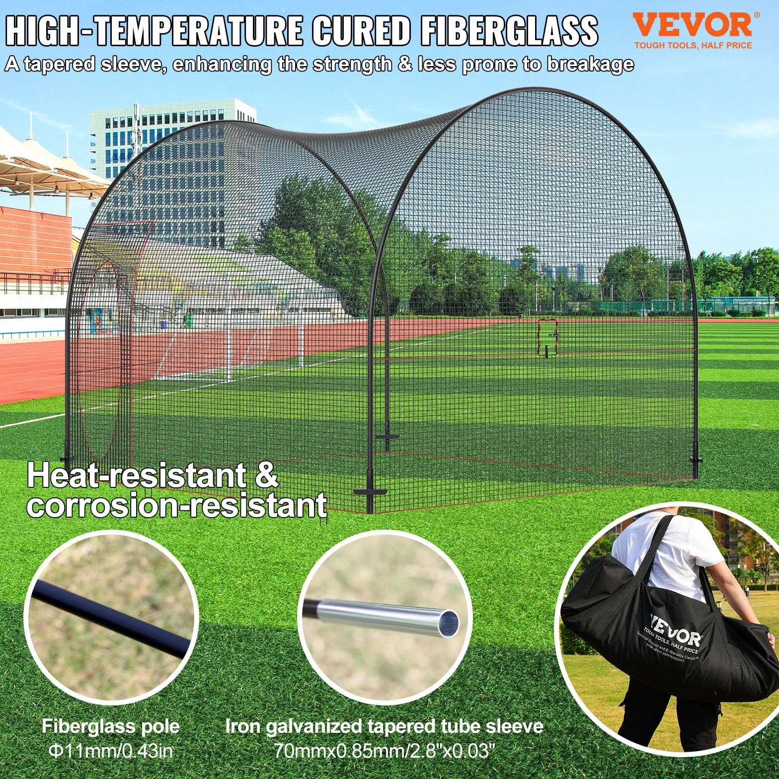 VEVOR Cage de Frappeur 3,6x3,6x3 m Filet d'Entraînement Baseball Softball Poteaux Fibre de Verre Portable