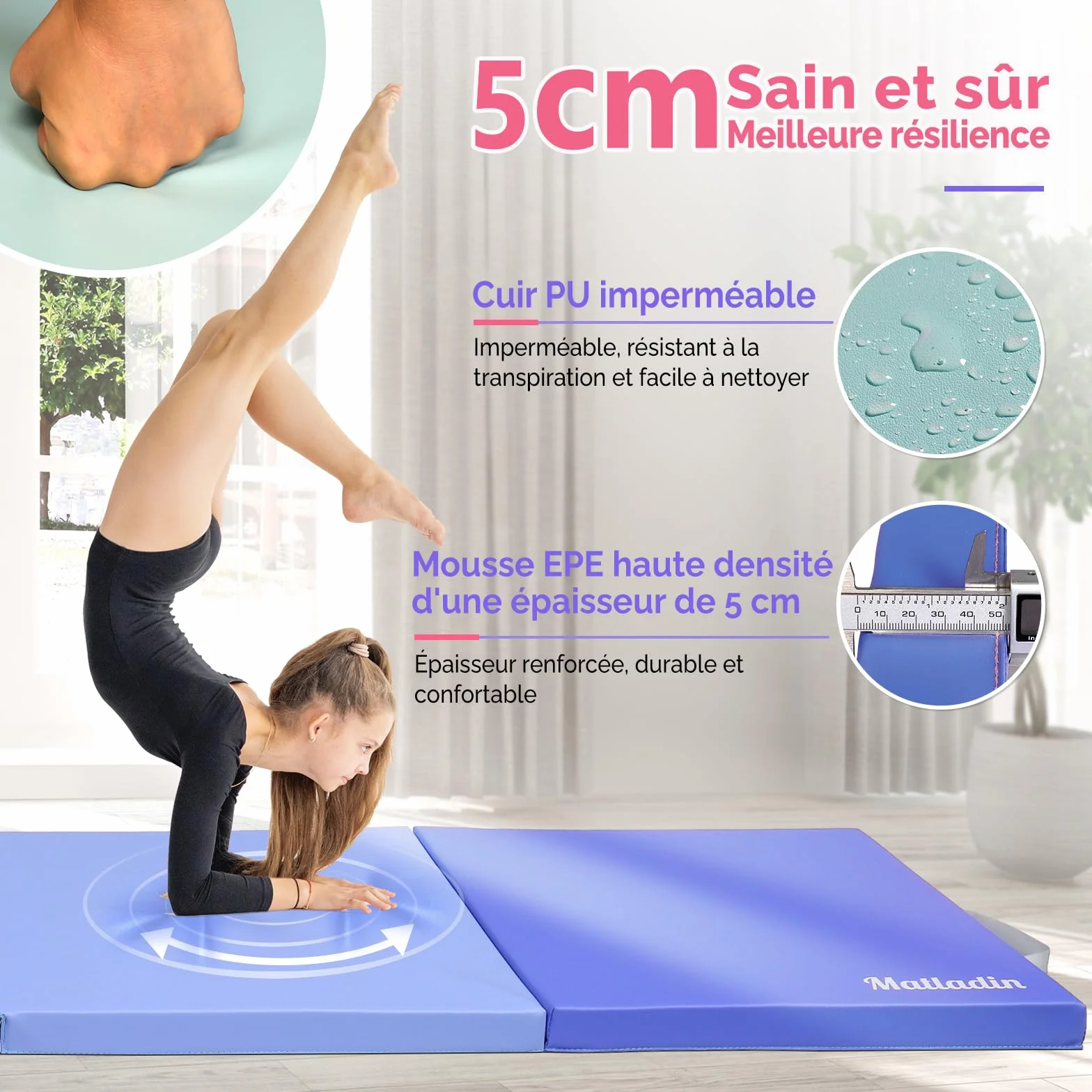 Bonnlo Tapis de Gymnastique Pliable, PU + EPE Épaissi, avec Poignée de Transport