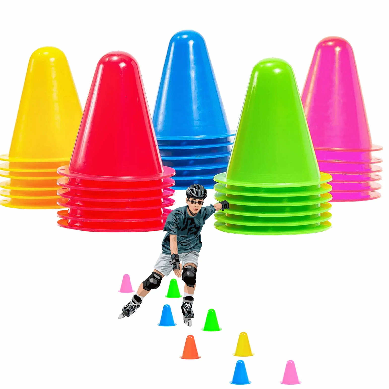 Cônes Plastique 75mm Sport Coloré 30 PCS 5 Couleurs Football Roller
