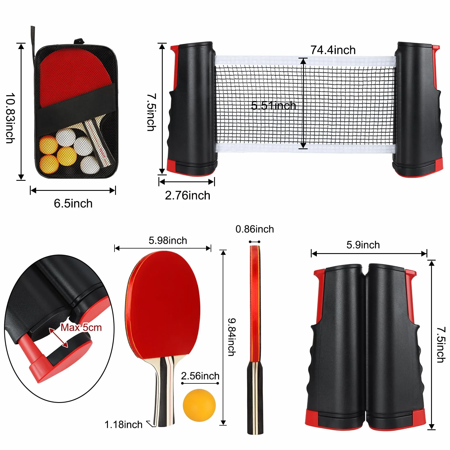 Set de Tennis de Table 2 Raquettes 6 Balles Filet Rétractable Sac de Transport Ping Pong Kit