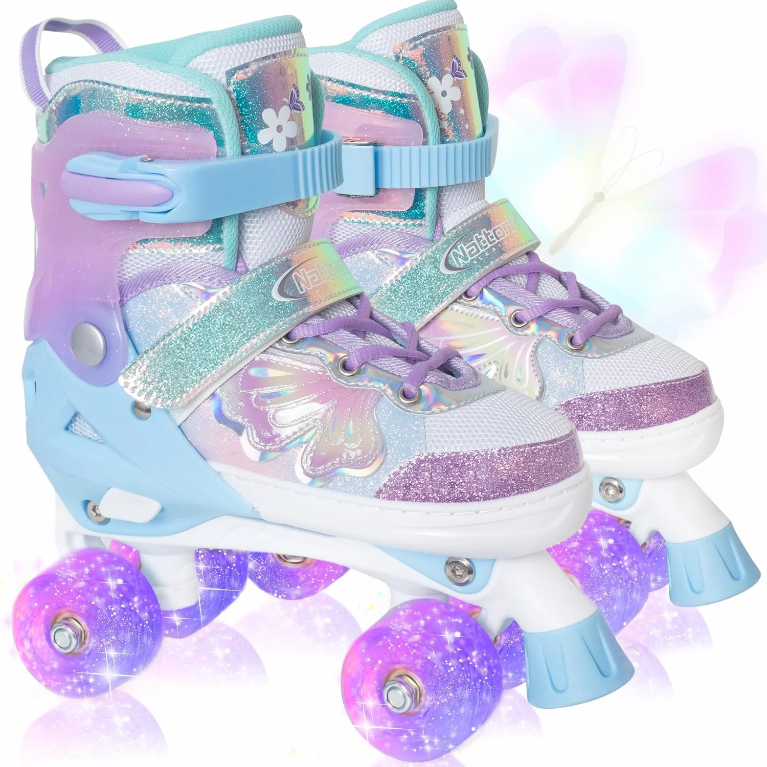 Patins à roulettes réglables filles garçons 4 tailles motif papillon fleur roues lumineuses