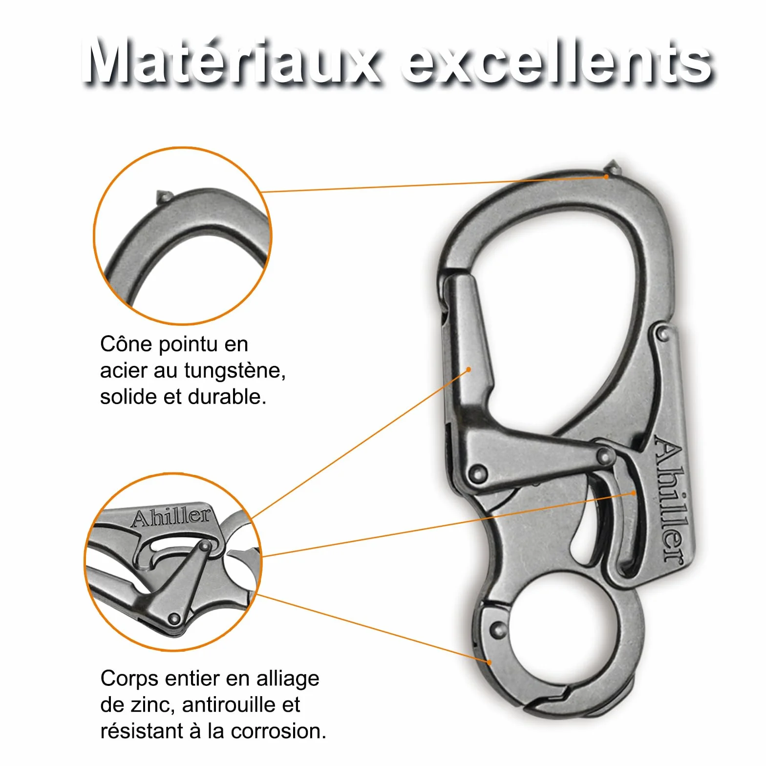 Ahiller Mousqueton Porte-Clés 7,6cm Double Verrouillage Alliage Robuste Pointe Acier Tungstène Camping Randonnée Survie