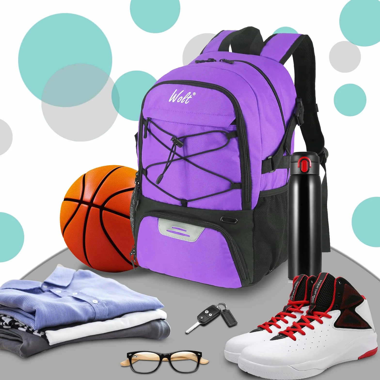 WOLT Sac à Dos de Basket-Ball Grand Sac de Sport avec Porte-Ballon et Compartiment à Chaussures