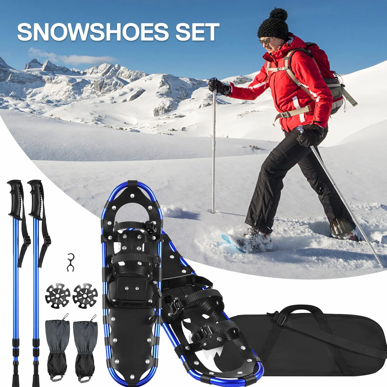 Raquettes à neige en aluminium avec bâtons de trekking réglables, guêtres et sac 13-30 pouces adulte enfant